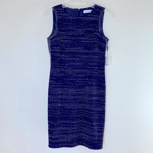 NWT. Calvin Klein 4P Faux Leather Trim Polkadot Tweed Sheath Dress. - Picture 1 of 11